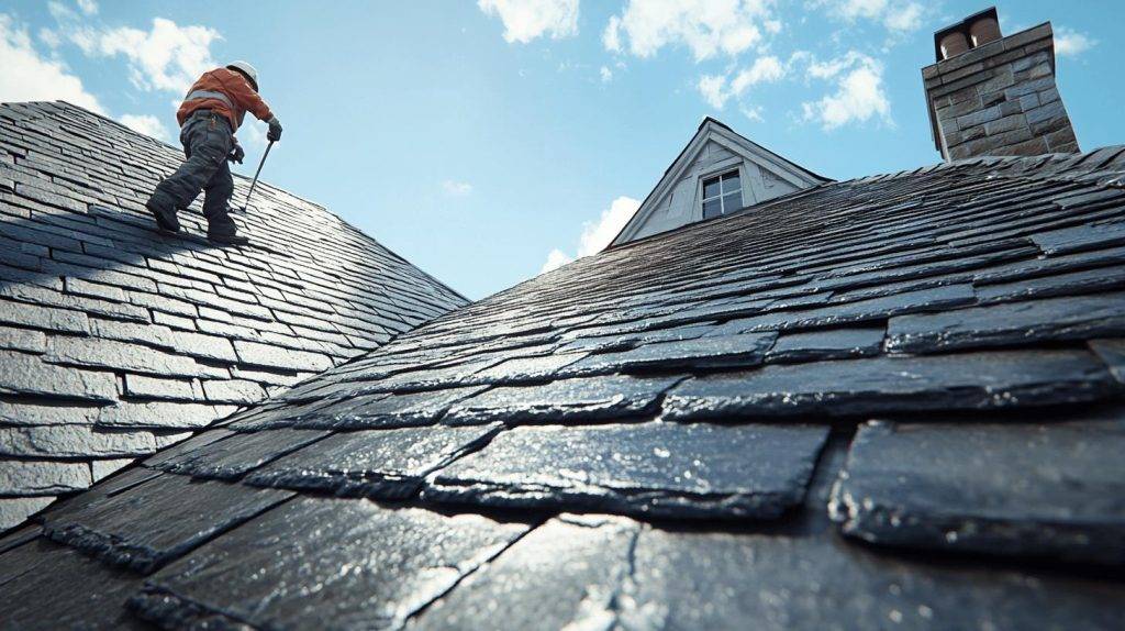 Roofer working on a slate roof with a chimney and gable visible in the background